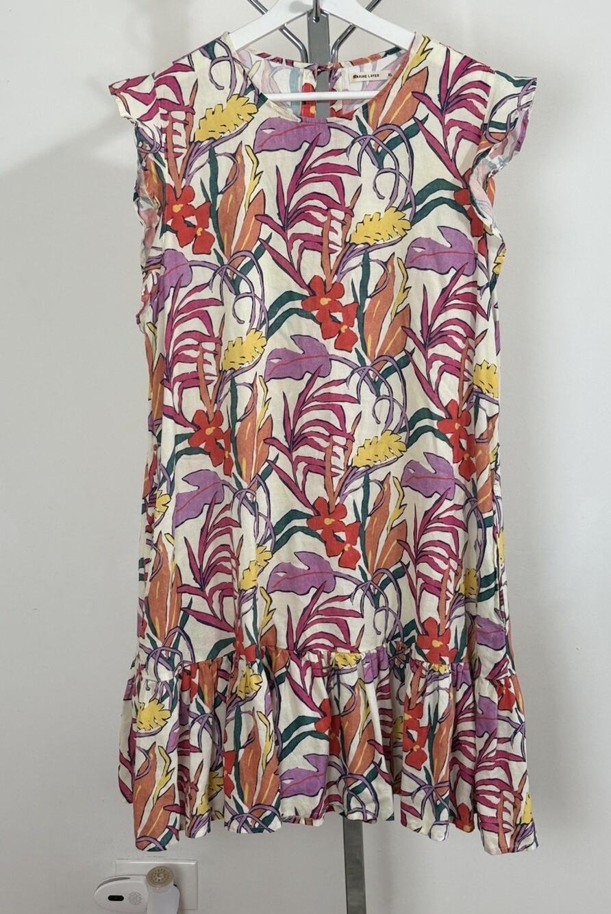 Marine Layer Women’s Floral Dress Ruffle Hem Tencel Linen Summer Resort Size XL